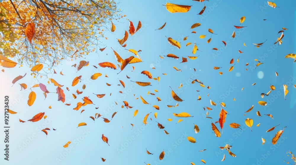 A view from beneath a tree as yellow, orange, and red leaves fall to the ground on a bright sunny day. The blue sky provides a contrasting backdrop to the vibrant autumn leaves, creating a beautiful s A view from beneath a tree as yellow, orange, and red leaves fall to the ground on a bright sunny day. The blue sky provides a contrasting backdrop to the vibrant autumn leaves, creating a beautiful s