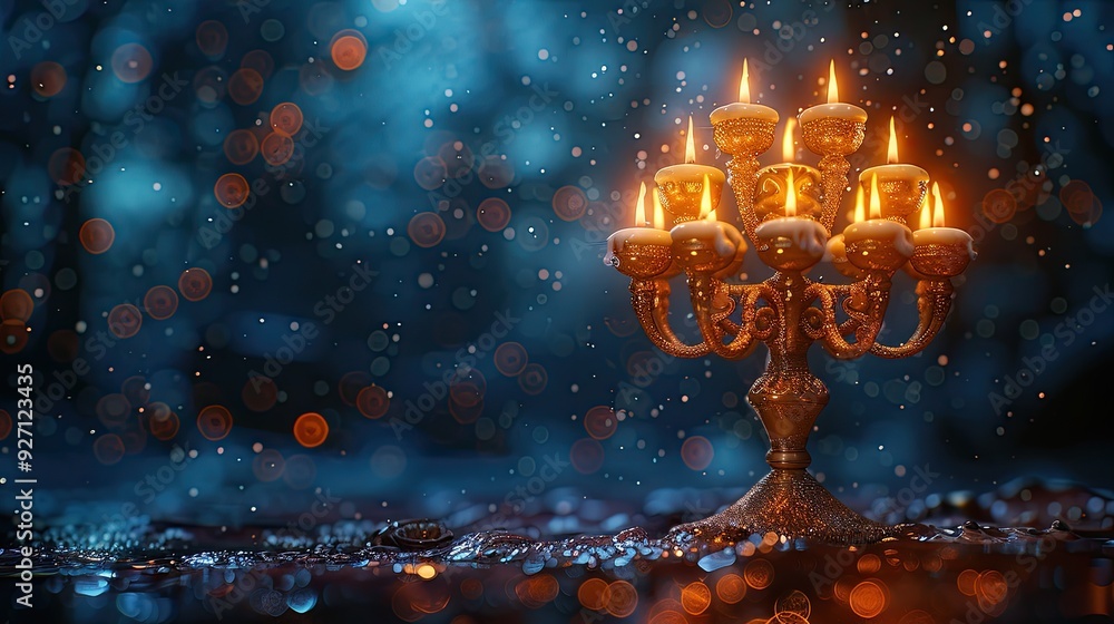 A Hanukkah menorah with candles shines against a dark blue background with snowfall, creating a happy Hanukkah banner template and greeting card design. A Hanukkah menorah with candles shines against a dark blue background with snowfall, creating a happy Hanukkah banner template and greeting card design.