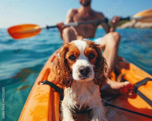 A man and his dog kayaking in the ocean. AI.
