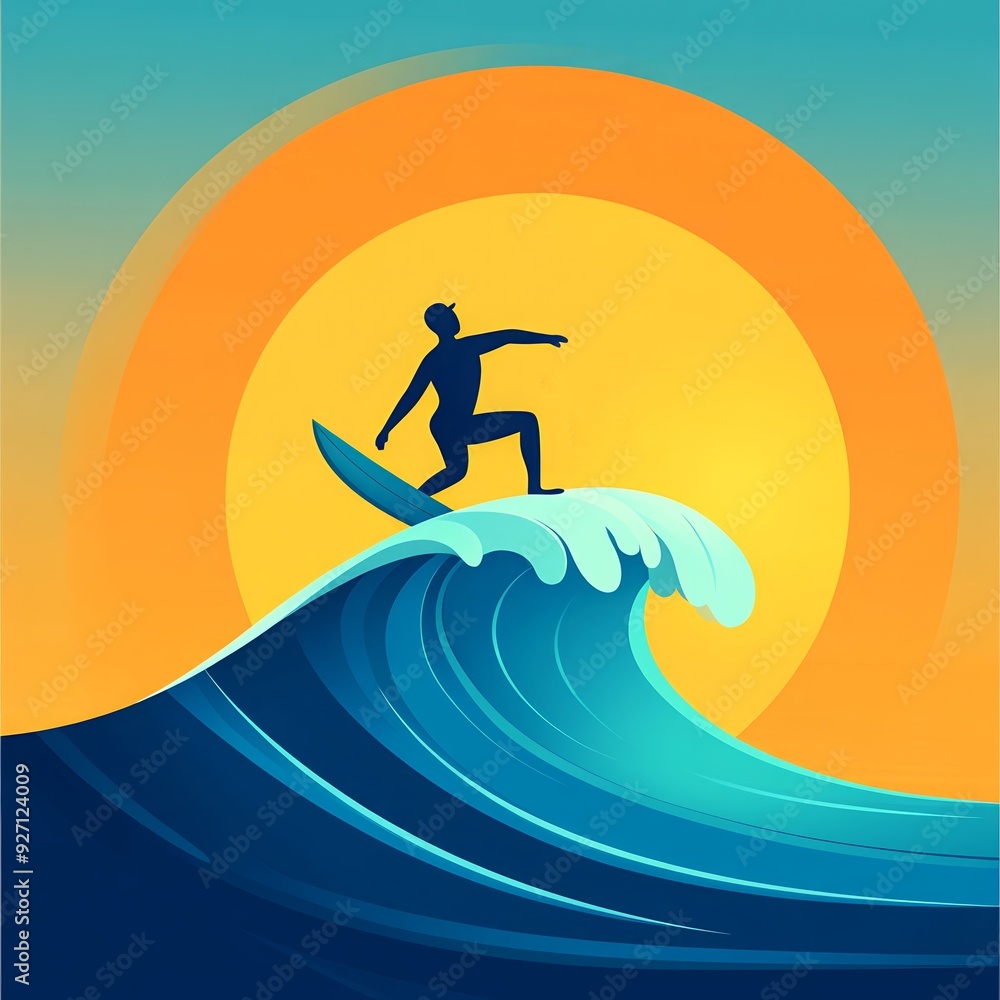 Silhouette of a surfer riding a large wave against a vibrant sunset background, representing an adventurous and exhilarating moment. Silhouette of a surfer riding a large wave against a vibrant sunset background, representing an adventurous and exhilarating moment.