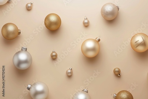 Falling golden and silver Christmas baubles on a beige background 