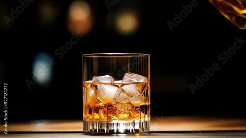 Whiskey being poured into a glass with ice cubes