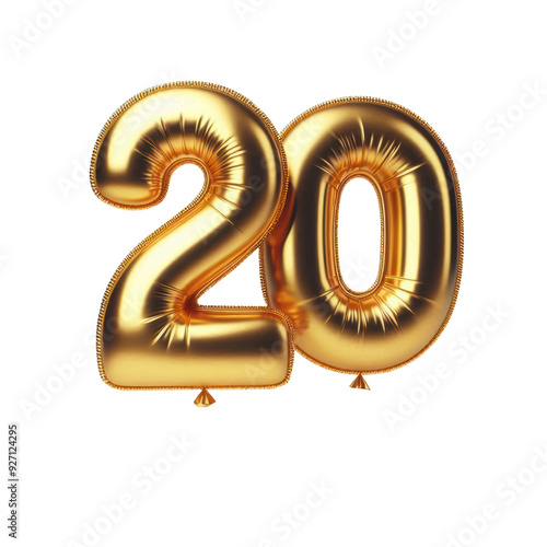 Number 20 Golden inflatable foil balloon. Bright party decoration figures. isolated on transparent background.