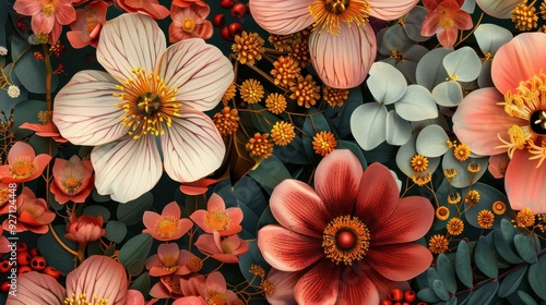 Wallpaper Mural A vibrant collection of flowers in various shades of pink, red, and white are seen in full bloom against a dark green background. Smaller flowers in shades of orange and red dot the arrangement. Torontodigital.ca