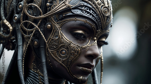 Intricate steampunk mask adorns mysterious woman's face, blending ornate metalwork with dark fantasy aesthetic in close-up portrait of enigmatic beauty