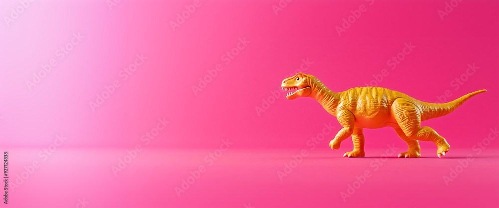 Orange dinosaur retro toy standing on a vibrant pink background with copy space for custom text design Orange dinosaur retro toy standing on a vibrant pink background with copy space for custom text design