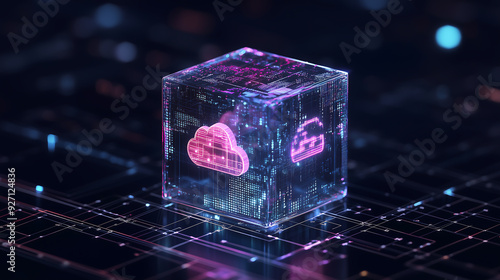 Wallpaper Mural A futuristic digital interface showcasing a glowing cube with cloud icons Torontodigital.ca