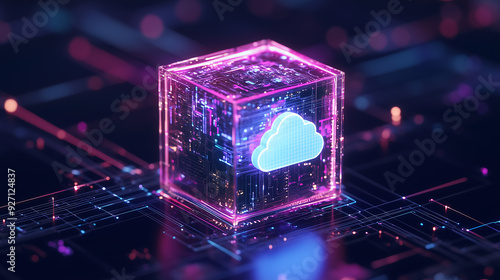 A glowing digital cube with a cloud icon, symbolizing cloud storage technology in a futuristic