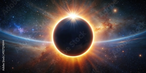 Deep space solar eclipse showing a stunning black hole surrounded by a halo of light and stars, deep space, solar eclipse