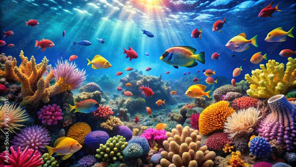 Fototapeta premium Tropical sea underwater scene with colorful fishes swimming among coral reefs, marine life, tropical