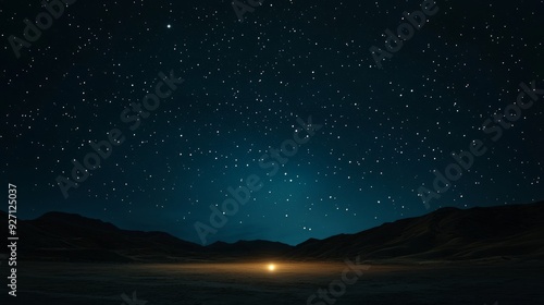 A single light shines in the distance under a vast, star-filled night sky.