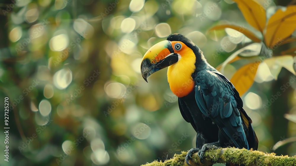 Fototapeta premium A toucan with a bright orange-yellow bill and dark blue-black body perched on a mossy branch in a lush green forest.