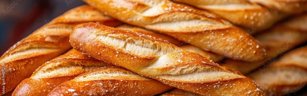 Freshly baked breadsticks arranged neatly on a wooden surface Freshly baked breadsticks arranged neatly on a wooden surface