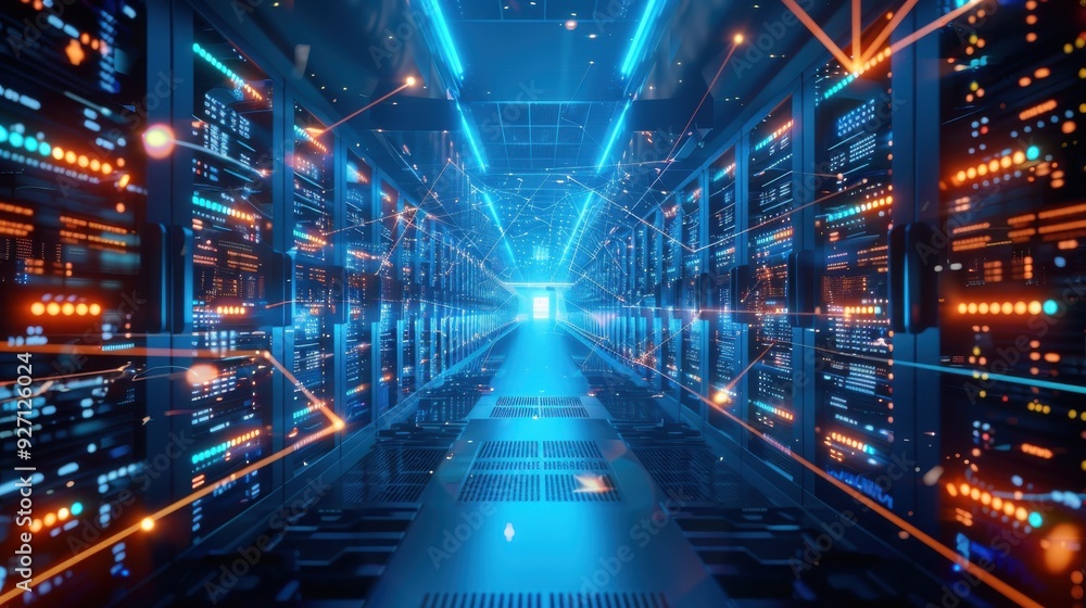 The interior of a modern server room with glowing blue and orange lights is shown. Multiple rows of servers are aligned on both sides of the room, and the servers have glowing displays of data. Light The interior of a modern server room with glowing blue and orange lights is shown. Multiple rows of servers are aligned on both sides of the room, and the servers have glowing displays of data. Light