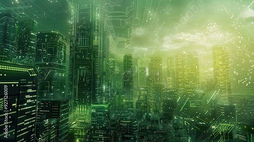 A digital rendering of a futuristic cityscape, illuminated by bright green lights, with a faint glow emanating from the tall skyscrapers. The city is shrouded in a hazy green fog, with clouds and circ