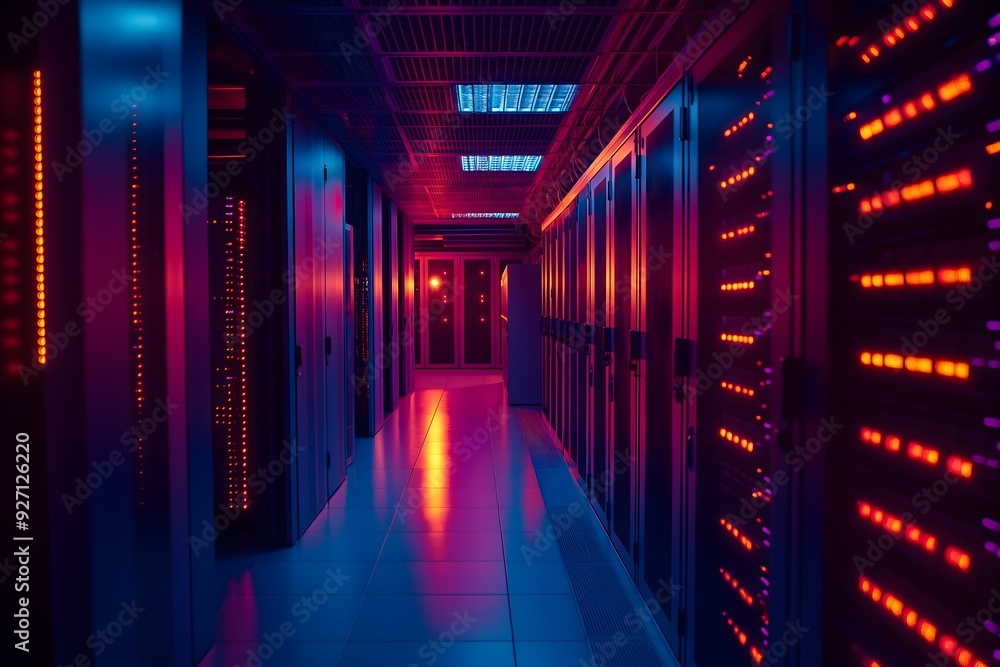 Digital Nerve Center: A futuristic server room, bathed in neon hues, with endless rows of data servers humming with information. Digital Nerve Center: A futuristic server room, bathed in neon hues, with endless rows of data servers humming with information.