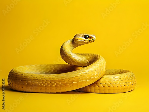 Yellow snake on a yellow background symbolizing Python programming language with ample copy space. photo