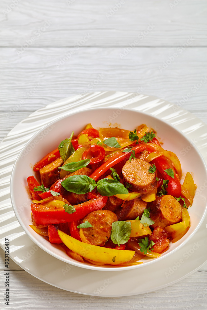 zesty italian sausage peppers and onions, top view zesty italian sausage peppers and onions, top view