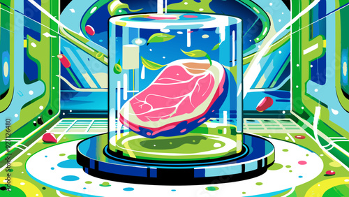 Futuristic Lab Growth Chamber with Lush Greenery and Vibrant Meat Cultivation