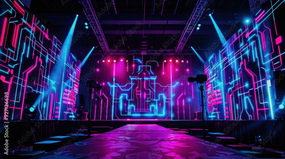 Fototapeta premium A stage is set up in a dark concert hall or event space with neon blue and pink lighting, a brightly lit walkway, and a backdrop of illuminated circuit boards.