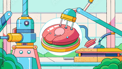 Automated Burger Assembly Line in a Futuristic Kitchen