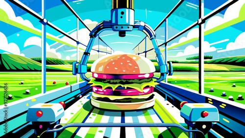 Futuristic Automated Burger Assembly Line in Vibrant Factory