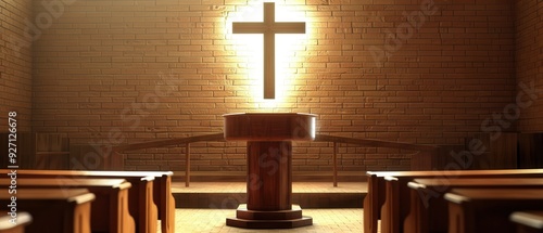 Wooden Pulpit in a Church with a Cross Behind it. photo