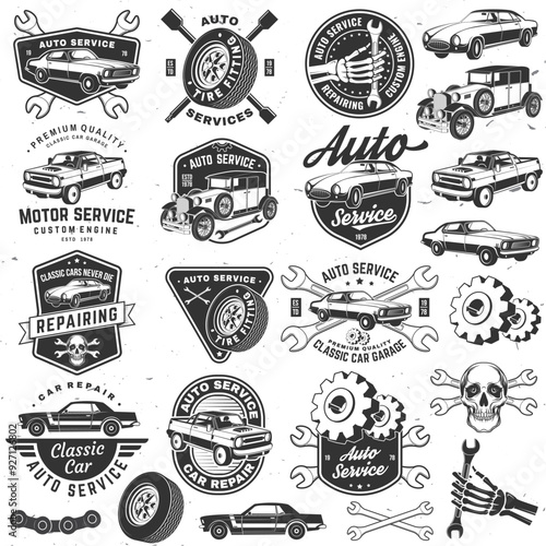 Set of auto service logo, emblems, badges and icons. Vector. Service car repair, restoration and car club design elements.