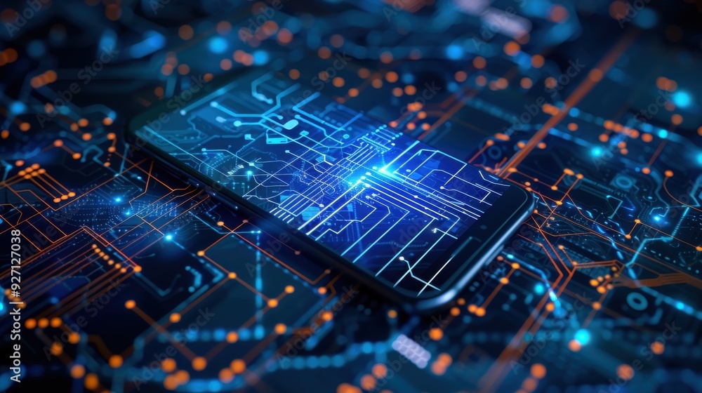 A smartphone lies on a circuit board, with the screen displaying a similar pattern of lines and nodes, lit with blue and orange lights. A smartphone lies on a circuit board, with the screen displaying a similar pattern of lines and nodes, lit with blue and orange lights.