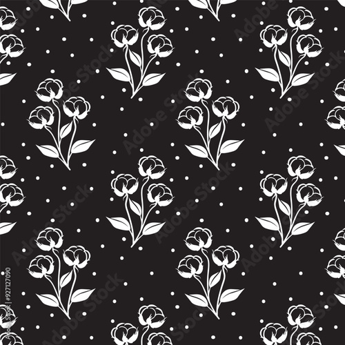 cotton daisy elegant beautiful flower and leaves seamless pattern floral in black and white background for textile print in fashion wallpaper vector high quality