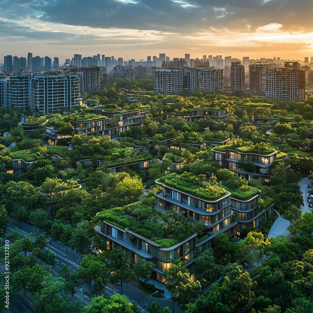 Aerial view of a city blending with nature, green rooftops and parks ...