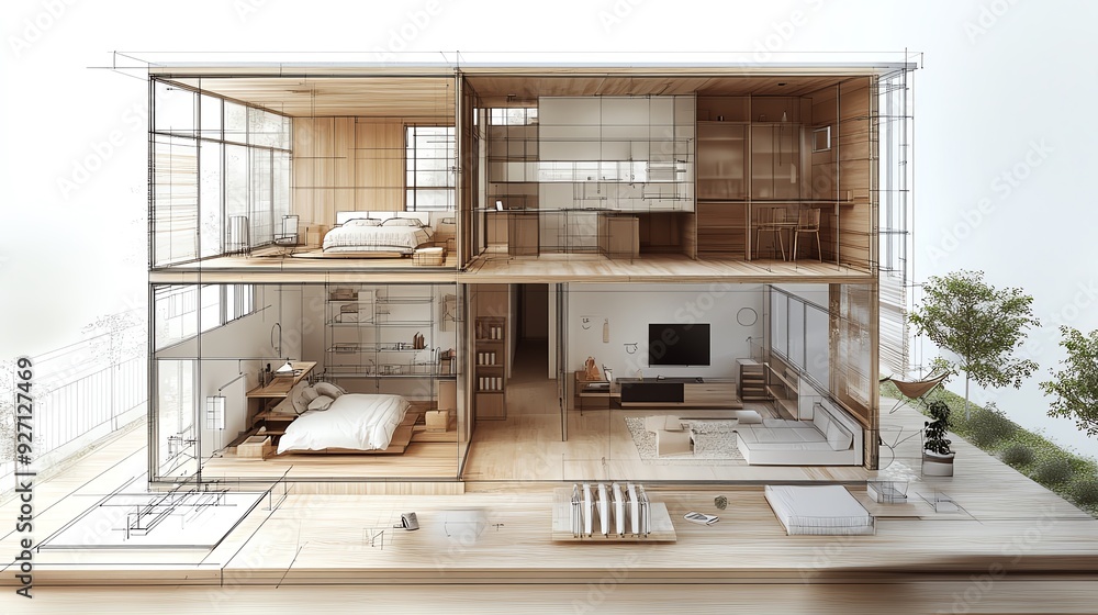 Fototapeta premium Blueprint of a modular housing project, focusing on the flexible layout and efficient use of space Layout Engineering, Modular housing design