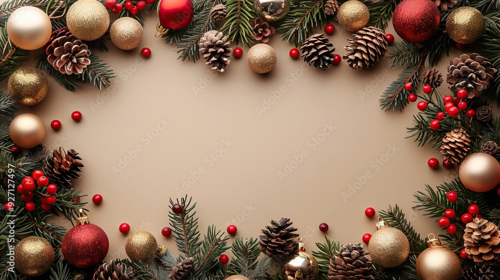 An elegant Christmas background frame is made of vintage baubles, decorations, and fir tree branches on a beige desk for a flat lay top view. An elegant Christmas background frame is made of vintage baubles, decorations, and fir tree branches on a beige desk for a flat lay top view.