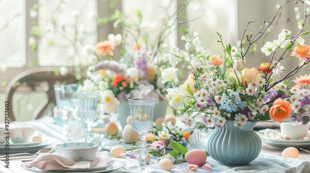 A white tablecloth is set with a delicate floral pattern and a centerpiece of mixed spring flowers in a light blue vase. The table is decorated with pastel-colored Easter eggs and elegant glassware. T A white tablecloth is set with a delicate floral pattern and a centerpiece of mixed spring flowers in a light blue vase. The table is decorated with pastel-colored Easter eggs and elegant glassware. T