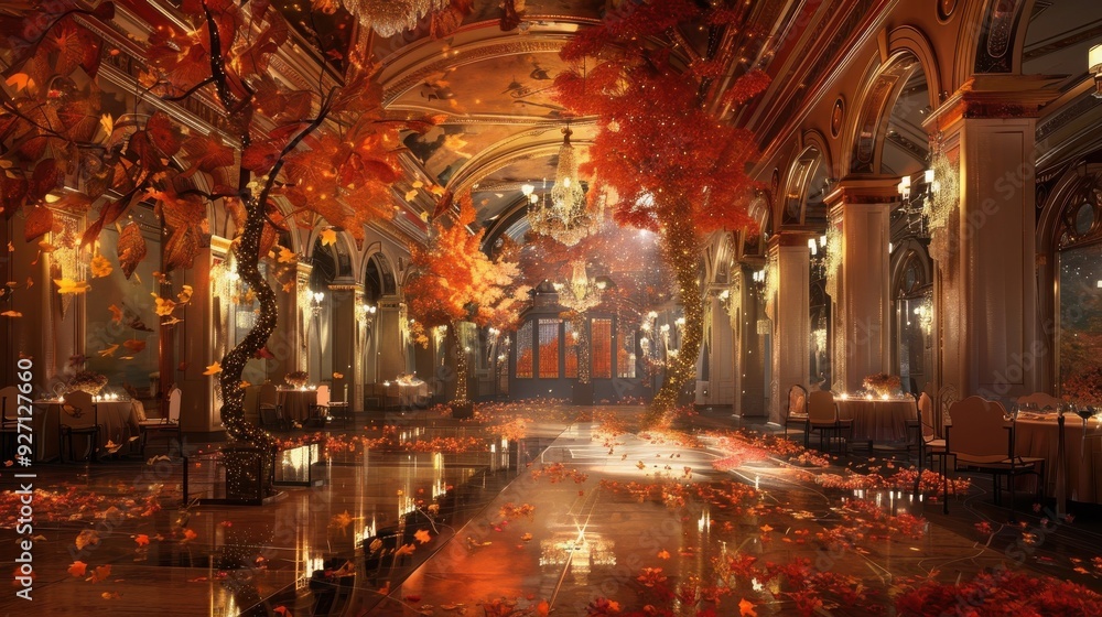 Obraz premium A grand hall with high ceilings and ornate columns is decorated for a wedding reception. The space is filled with a warm glow from chandeliers and candlelight. The tables are set for guests and are ad