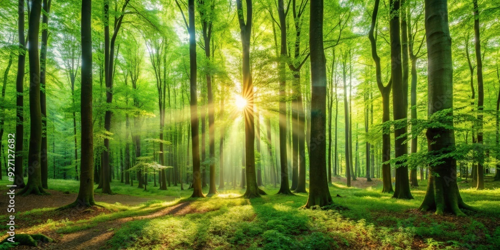Lush green forest with sun shining through beech trees, nature, forest, sunlight, trees, greenery, foliage Lush green forest with sun shining through beech trees, nature, forest, sunlight, trees, greenery, foliage