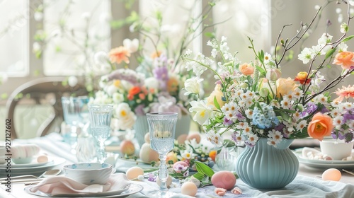 A white tablecloth is set with a delicate floral pattern and a centerpiece of mixed spring flowers in a light blue vase. The table is decorated with pastel-colored Easter eggs and elegant glassware. T