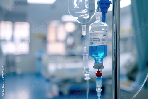 A hospital room with a blue IV bag hanging from a pole