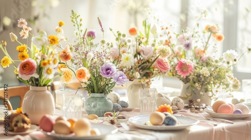 Wallpaper Mural A table is set for a celebratory Easter meal, adorned with vibrant floral arrangements in white, pink, yellow, and purple. Pastel-colored eggs sit on a plate on the table, alongside a piece of cake. Torontodigital.ca