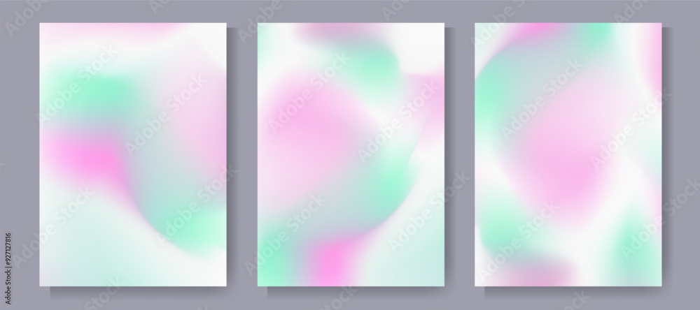 Naklejka premium Soft pastel gradient background. Pink mint green white girly and kids pastel color happy background template set for cover, poster, wallpaper, flyer, web design. Blurred fantasy fairytale backdrop