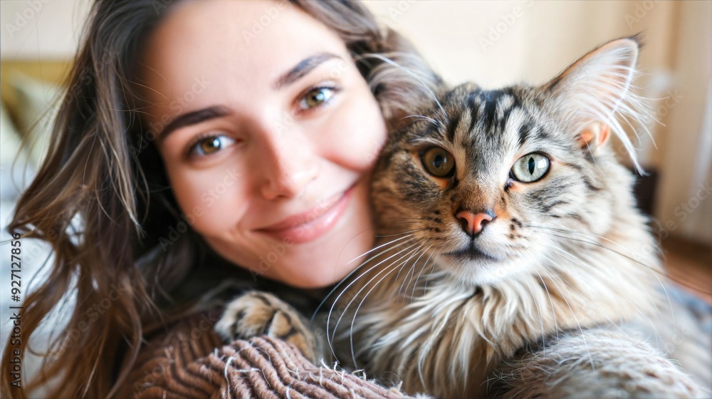 A woman with long brown hair smiles and hugs a tabby cat A woman with long brown hair smiles and hugs a tabby cat