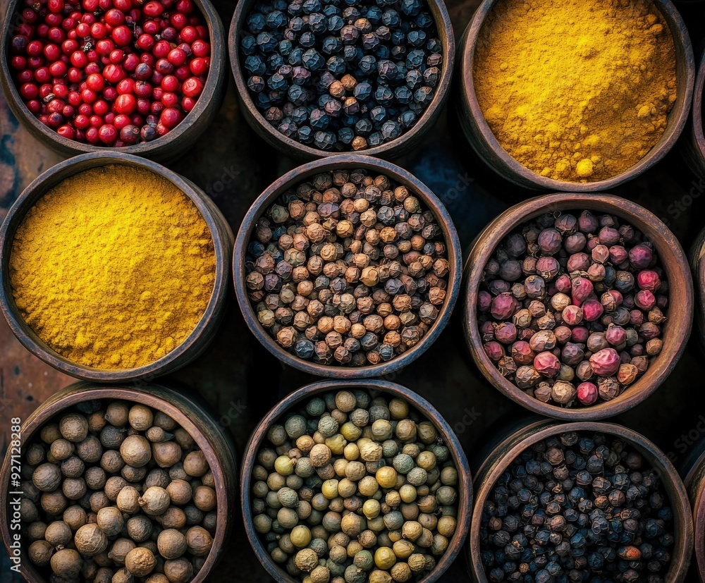 Colorful array of Indian spices displayed in traditional bowls Colorful array of Indian spices displayed in traditional bowls