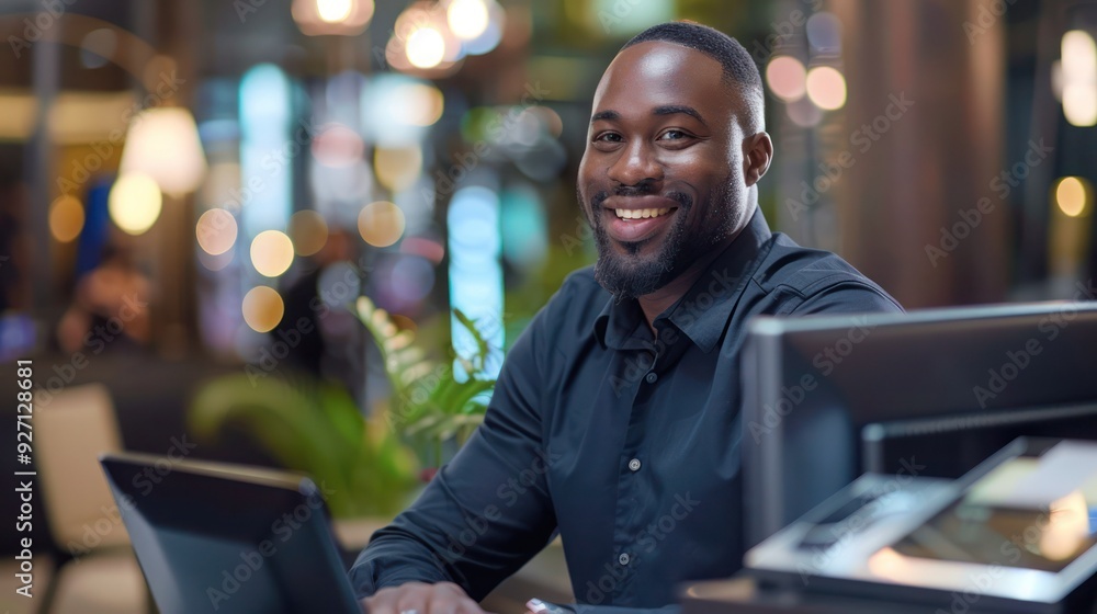 Smiling black man checking in at hotel reception desk. Smiling black man checking in at hotel reception desk.