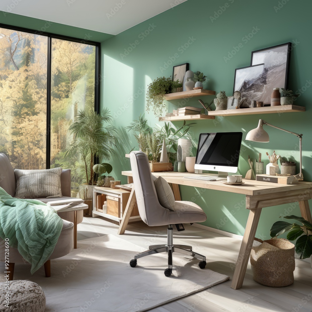 Fototapeta premium Photorealistic Boho Home Office Featuring Eclectic Decor
