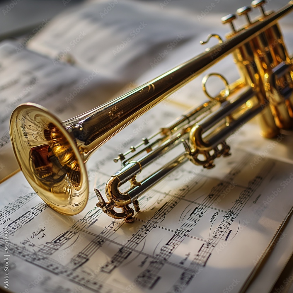 Naklejka premium Music instruments, An elegant array of brass instruments lying atop sheet music, Music concept