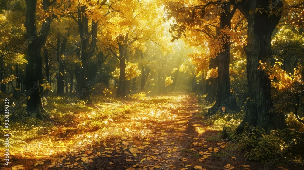 A forest path winds through a dense stand of trees with golden leaves. The morning sun shines through the branches, casting a warm glow on the fallen leaves and the path ahead. A forest path winds through a dense stand of trees with golden leaves. The morning sun shines through the branches, casting a warm glow on the fallen leaves and the path ahead.
