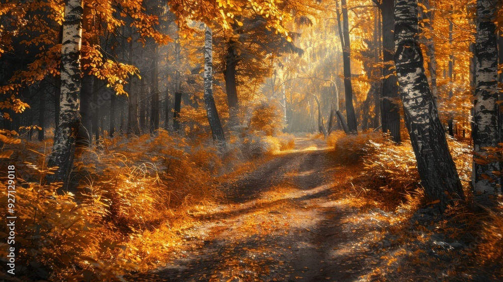 Obraz premium A dirt path winds through a dense forest, sunlight breaking through the trees and illuminating the foliage. The leaves on the trees are a vibrant yellow and orange, and the ground is covered in a carp