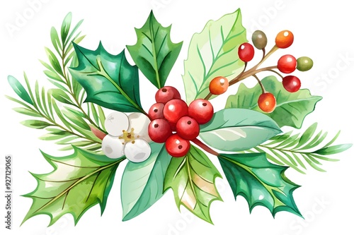 watercolor Plant cherry leaf and white red cherry