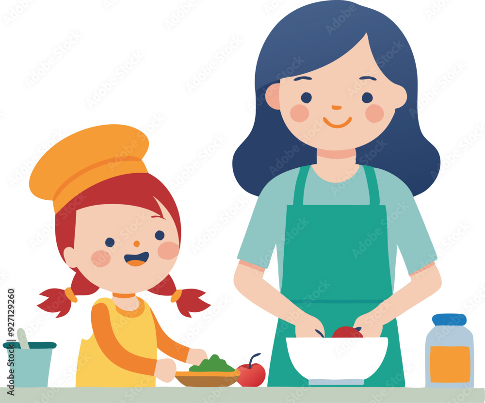 A mother and daughter happily cook, mixing ingredients and sharing joyful moments in the kitchen. A mother and daughter happily cook, mixing ingredients and sharing joyful moments in the kitchen.