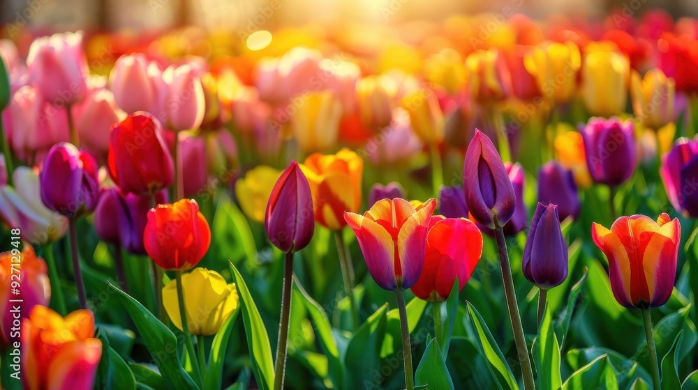 A field of colorful tulips bloom under the warm glow of the setting sun. The flowers are in various shades of pink, red, yellow, and purple, creating a vibrant and cheerful scene. A field of colorful tulips bloom under the warm glow of the setting sun. The flowers are in various shades of pink, red, yellow, and purple, creating a vibrant and cheerful scene.